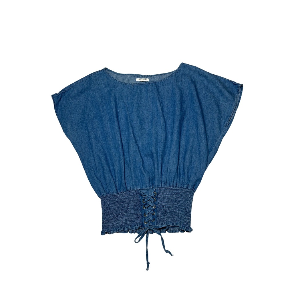 Tea Rose Denim Corset Top Women S Blue Cotton Lace Up Waist Smocked Boho Peasant - Picture 2 of 14